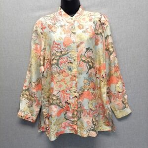 Go Silk Womens M/L Silk Blouse Floral Button Boho Artsy Resort Y2K Relaxed Top